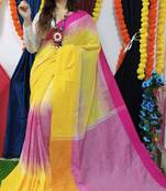 Elegant Yellow Khadi Mahapar Sari With Blouse Piece