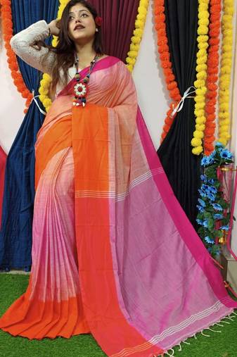 Elegant Orange Khadi Mahapar Sari With Blouse Piece