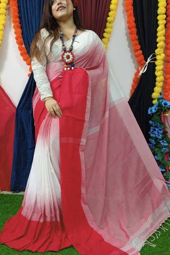 Elegant White Khadi Mahapar Sari With Blouse Piece