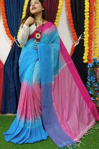 Elegant Light Blue Khadi Mahapar Sari With Blouse Piece