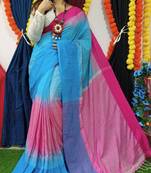 Elegant Light Blue Khadi Mahapar Sari With Blouse Piece