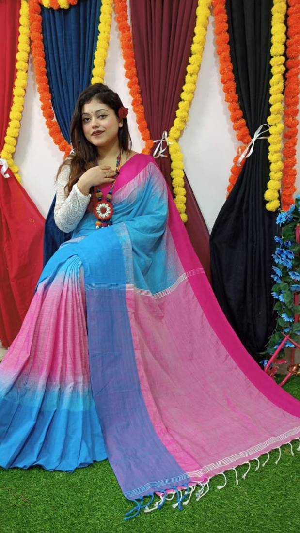 Elegant Light Blue Khadi Mahapar Sari With Blouse Piece