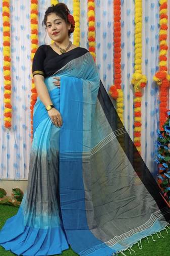 Elegant Blue Khadi Mahapar Sari With Blouse Piece