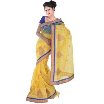 Designer Karachi Embroidery Yellow Supernet Saree Diwali Gift 264 1