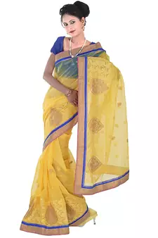 Designer Karachi Embroidery Yellow Supernet Saree Diwali Gift 264