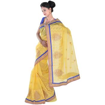 Designer Karachi Embroidery Yellow Supernet Saree Diwali Gift 264 3