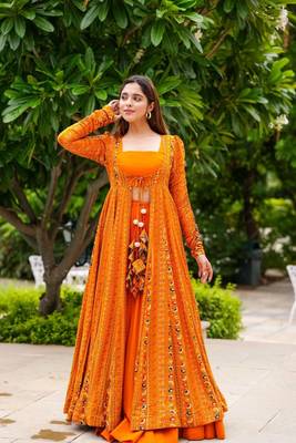 Orange Georgette Crop Top, Bottom, and Shrug Ensemble for Contemporary Glamour 1