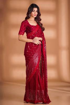 Red Colour Pure Georgette Silk  Saree With Unstitched Blouse  1