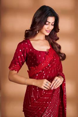Red Colour Pure Georgette Silk  Saree With Unstitched Blouse  3