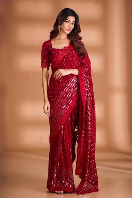 Red Colour Pure Georgette Silk  Saree With Unstitched Blouse  4