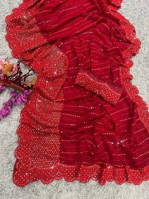 Red Colour Pure Georgette Silk  Saree With Unstitched Blouse  6