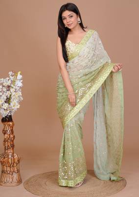 Forest Green Ombr Classic Sequin Patterned Saree With Unstitched Blouse 3