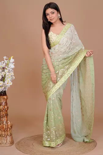 Forest Green Ombr Classic Sequin Patterned Saree With Unstitched Blouse