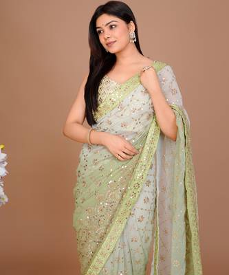 Forest Green Ombr Classic Sequin Patterned Saree With Unstitched Blouse 1
