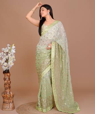 Forest Green Ombr Classic Sequin Patterned Saree With Unstitched Blouse 4