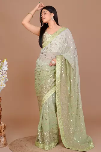 Forest Green Ombr Classic Sequin Patterned Saree With Unstitched Blouse
