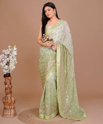 Forest Green Ombr Classic Sequin Patterned Saree With Unstitched Blouse 5