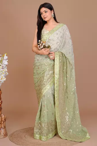 Forest Green Ombr Classic Sequin Patterned Saree With Unstitched Blouse