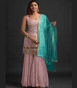 AWESOME PEACH COLOUR GIRLISH SHARARA KAMEEZ ON GEORGETTE FABRIC WITH WORK