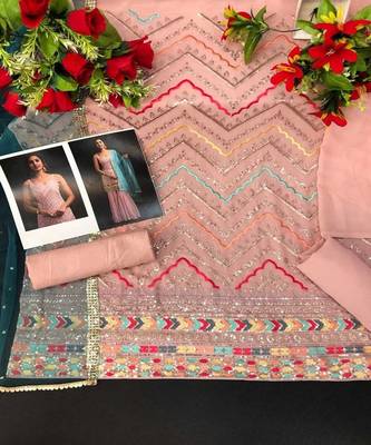 AWESOME PEACH COLOUR GIRLISH SHARARA KAMEEZ ON GEORGETTE FABRIC WITH WORK 3