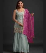 GREY GEORGETTE WITH AND GIRLISH LOOK SHARARA KAMEEZ