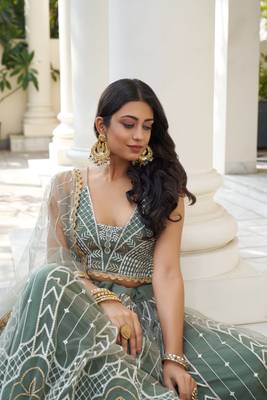 Green Heavy Embroidery Net Semi Stitch A Line Lehenga With Blouse 4