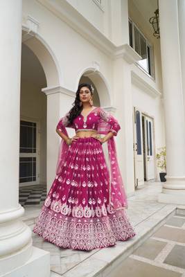 Dark Pink Heavy Embroidery Net Semi Stitch A Line Lehenga With Blouse 1