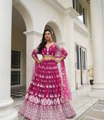 Dark Pink Heavy Embroidery Net Semi Stitch A Line Lehenga With Blouse