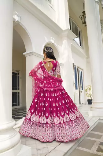 Dark Pink Heavy Embroidery Net Semi Stitch A Line Lehenga With Blouse