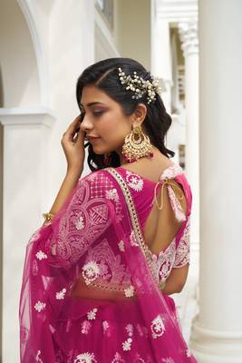 Dark Pink Heavy Embroidery Net Semi Stitch A Line Lehenga With Blouse 4