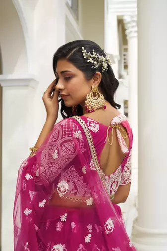Dark Pink Heavy Embroidery Net Semi Stitch A Line Lehenga With Blouse