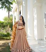Brown Heavy Embroidery Net Semi Stitch A Line Lehenga With Blouse