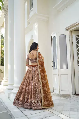 Brown Heavy Embroidery Net Semi Stitch A Line Lehenga With Blouse
