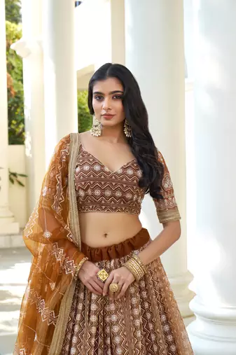 Brown Heavy Embroidery Net Semi Stitch A Line Lehenga With Blouse