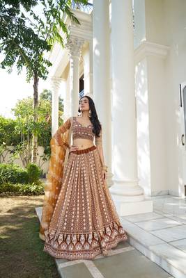 GLAMOROUS BROWN BUTTERFLY NET WITH THREAD AND SEQUENCE EMBROIDERED WORK FANCY LACE LEHENGA CHOLI FOR WEDDING 1