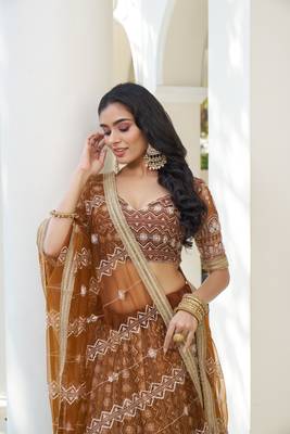GLAMOROUS BROWN BUTTERFLY NET WITH THREAD AND SEQUENCE EMBROIDERED WORK FANCY LACE LEHENGA CHOLI FOR WEDDING 4