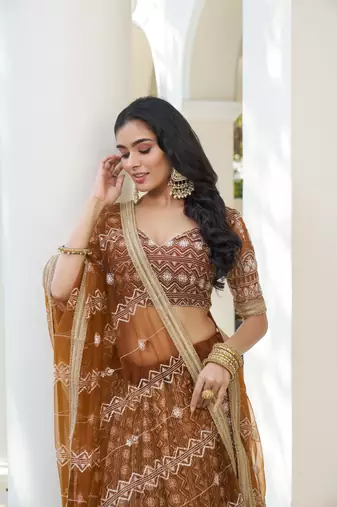 GLAMOROUS BROWN BUTTERFLY NET WITH THREAD AND SEQUENCE EMBROIDERED WORK FANCY LACE LEHENGA CHOLI FOR WEDDING