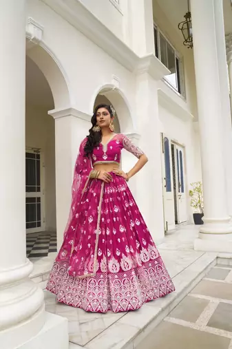 GLAMOROUS DARK PINK BUTTERFLY NET WITH THREAD AND SEQUENCE EMBROIDERED WORK FANCY LACE LEHENGA CHOLI FOR WEDDING