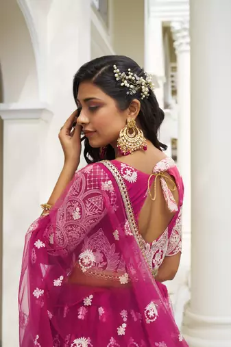 GLAMOROUS DARK PINK BUTTERFLY NET WITH THREAD AND SEQUENCE EMBROIDERED WORK FANCY LACE LEHENGA CHOLI FOR WEDDING