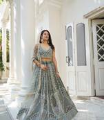 GLAMOROUS DUSTY GREEN BUTTERFLY NET WITH THREAD AND SEQUENCE EMBROIDERED WORK FANCY LACE LEHENGA CHOLI FOR WEDDING