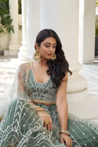 GLAMOROUS DUSTY GREEN BUTTERFLY NET WITH THREAD AND SEQUENCE EMBROIDERED WORK FANCY LACE LEHENGA CHOLI FOR WEDDING