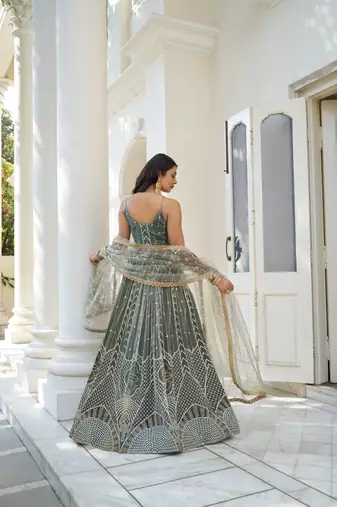 GLAMOROUS DUSTY GREEN BUTTERFLY NET WITH THREAD AND SEQUENCE EMBROIDERED WORK FANCY LACE LEHENGA CHOLI FOR WEDDING