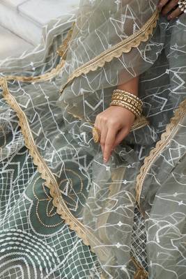 GLAMOROUS DUSTY GREEN BUTTERFLY NET WITH THREAD AND SEQUENCE EMBROIDERED WORK FANCY LACE LEHENGA CHOLI FOR WEDDING 5