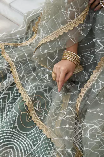 GLAMOROUS DUSTY GREEN BUTTERFLY NET WITH THREAD AND SEQUENCE EMBROIDERED WORK FANCY LACE LEHENGA CHOLI FOR WEDDING