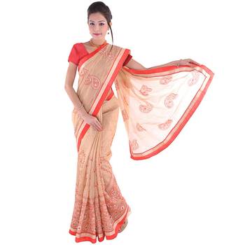 Resham Embroidery Heavy Dupion Border Cream Saree Deepawali Gift 272 1