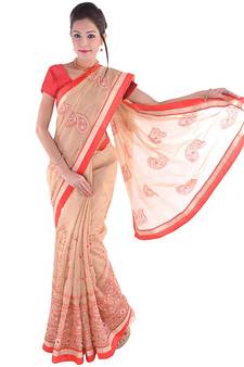 Resham Embroidery Heavy Dupion Border Cream Saree Deepawali Gift 272