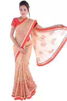 Resham Embroidery Heavy Dupion Border Cream Saree Deepawali Gift 272