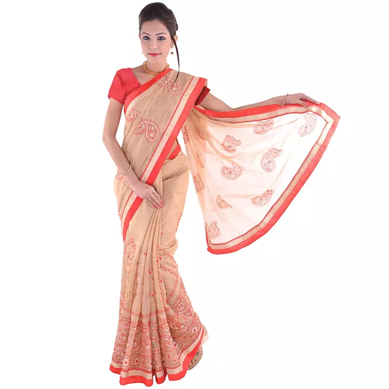 Resham Embroidery Heavy Dupion Border Cream Saree Deepawali Gift 272