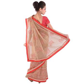 Resham Embroidery Heavy Dupion Border Cream Saree Deepawali Gift 272 2