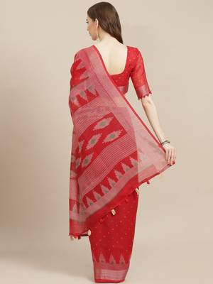 red linen saree with  blouse 2